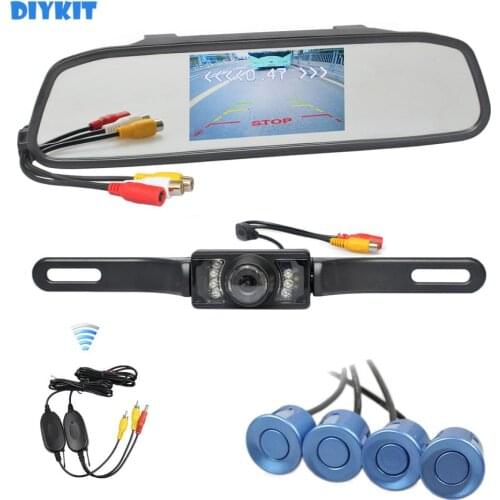 DIYKIT Wireless Video Parking Radar 4.3 Inch Car Mirror Monitor + IR Car Rear View Camera 4 Sensors Parking Assistance System