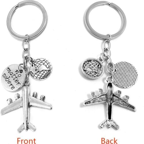 Retro Aircraft Keychain Men Silver Color Airplane Key Chains for Women Letter No Matter Where Earth Key Rings New Travel Jewelry