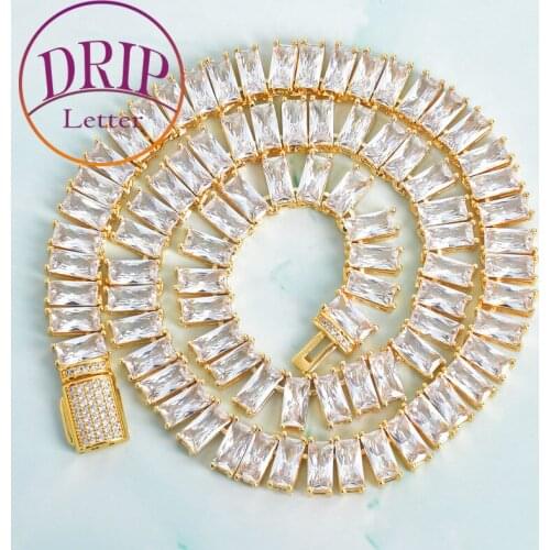 9mm White Color Baguette Zircon Necklace Gold Color Gold Color Plated Copper Chain Womens Hip Hop Jewelry