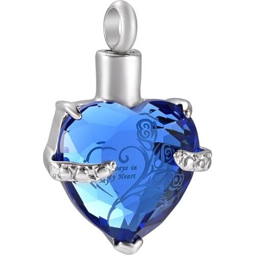 CMJ9790 Blue Crystal Heart Keepsake Jewelry Stainless Steel Memorial Pendant Urn Necklace for Ashes for Women Men