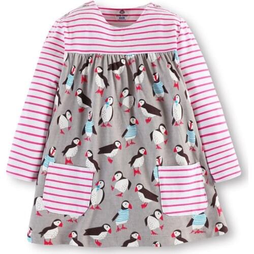 Jumping Meters 2-7T Princess Girls Dresses With Birds Print Autumn Spring Pockets Childrens Clothes Long Sleeve Frocks Costume