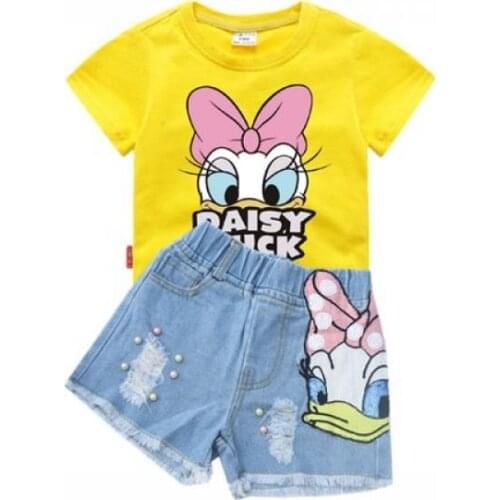 Girls Outfits Cartoon Donald Duck Summer Shirt&Sequins Broken Hole Denim Shorts Toddler Girls Clothing Set Children Clothes
