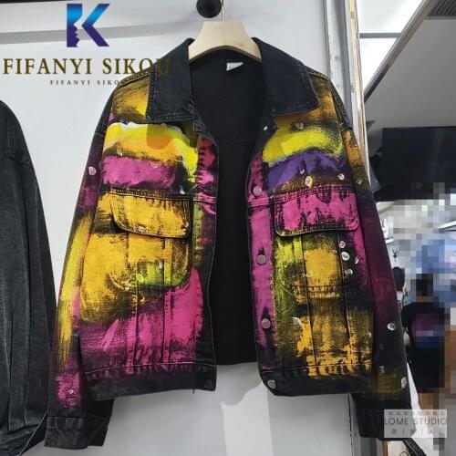 Graffiti Print Fashion Denim Jackets Women Pocket Lapel Long Sleeve Short Jeans Jacket Female Streetwear Loose Jeans Coat