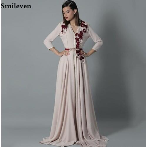 Smileven Moroccan caftan Evening Dresses V Neck Red 3D Flowers Arabic Muslim Special Occasion Dress Outfit Evening Party Gowns