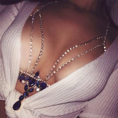 Fashion Sparkling Rhinestone Halterneck Sexy Sapphire Crystal Bikini Beach Body Chain Exotic Kits Stripper Outfit Halloween Rave