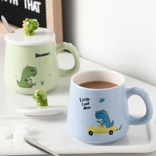Cartoon Dinosaur Mug Gift with Lid, Spoon for Children Kids, Creative Coffee Mug with Handle, Ceramic Mugs for Coffee Tea Mlik