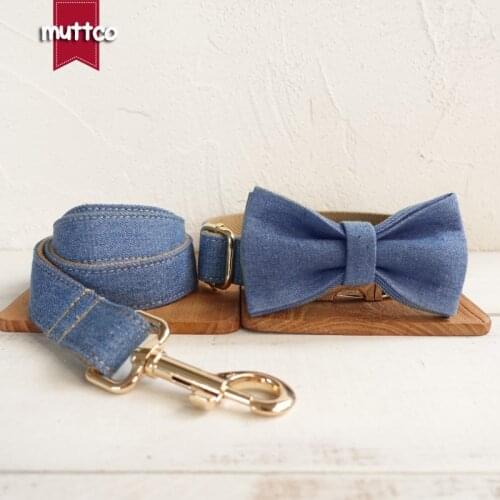 MUTTCO retailing self-design THE JEAN handmade collar mazarine and brown 5 sizes dog collar and leash with bow tie UDC035J