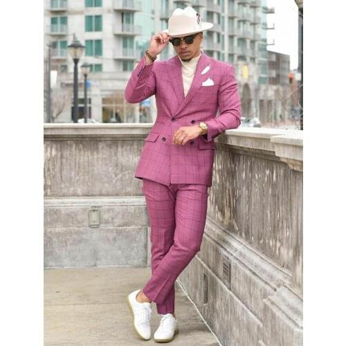 2021 Summer Purple Plaid Men Suits Polyester Blend 2 Piece (Coat+Pants) Tailored Collar Formal Double-breasted Blazer
