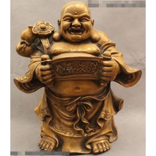 Wholesale factory 15" Chinese Buddhism Brass Happy Laugh Maitreya Buddha Bat Peach Ru Yi Statue AE1024 AB1025