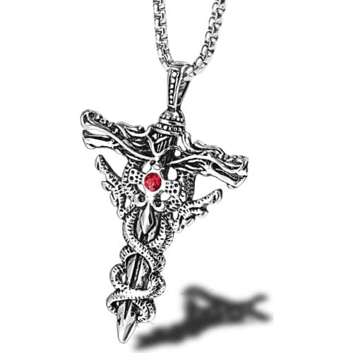 RIR Necklace For Men Fly Dragon Gold Punk Rock Stainless Steel Cross With Red Crystal Stone Men Pendant Dragon Jewelry