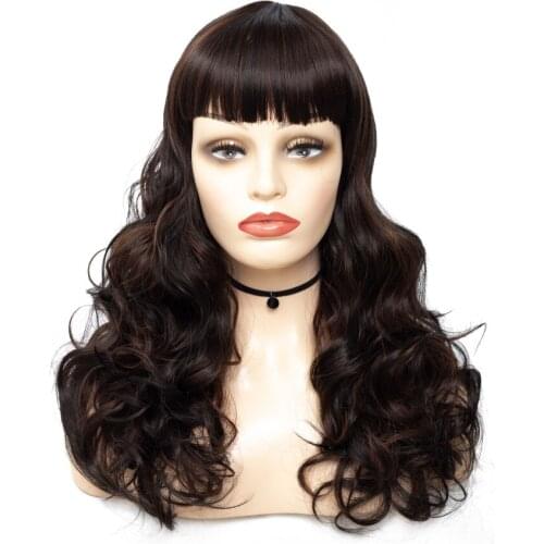 ZM Hair Female Fashion Brown Body Wave Synthetic Wigs With Bangs Cheap Long Wavy Wig For White/Black Women Heat Resistant Fiber