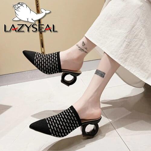 LazySea Stretch Fabric Pointed Toe Slippers Women Fretwork Round Heel Shoes Air Mesh Mules Flip Flop Slip On Slides Plus Size 43