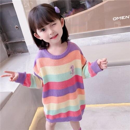 Mid-length Girls Dinosaur Embroidery Sweater Preschool Little Girl College Wind Round Neck Sweater Color Striped Tops
