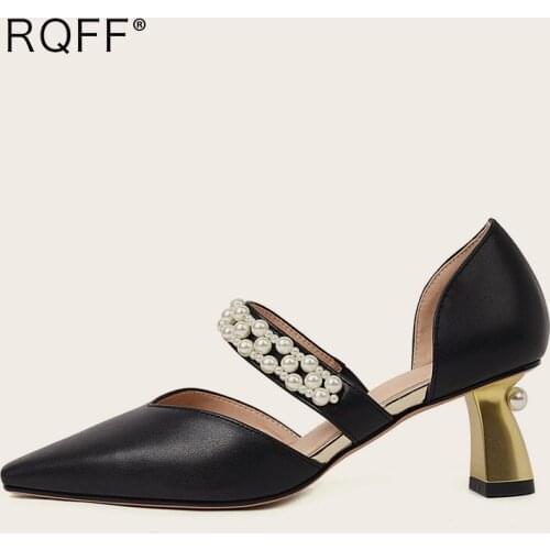 Plus Size 43 Women Sandals 2021 Summer New Fashion Pointed Closed Toe Cover Heel Artificial Pearl Office Lady Black Beige Shoes