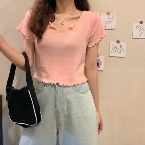 Woman TShirts Womens Short-Sleeved Knitted T-shirt Summer 2021 Top Crop Top Mujer Camisetas