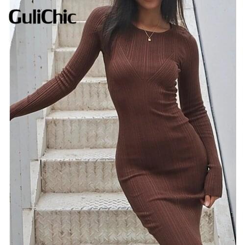 8.20 GuliChic Women Knitted Dress O-Neck Solid Color Long Sleeve Collect Waist Skinny Midi Dress