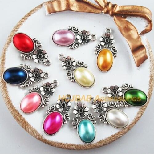 10 New Flower Charms Tibetan Silver Tone Retro Oval Mixed Acrylic Pendants 15x29mm