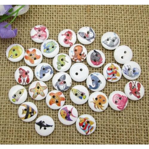 100ps Fashion Mixed White Round Sea World Series Pattern Wooden Buttons For Clothes Crafts Sewing Scrapbooking DIY Accessories