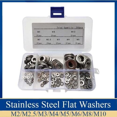 200pcs/set Stainless Steel Flat Washer M2 M2.5 M3 M4 M5 M6 M8 M10 304 Stainless Steel Plain Washer Gaskets Assortment Kit