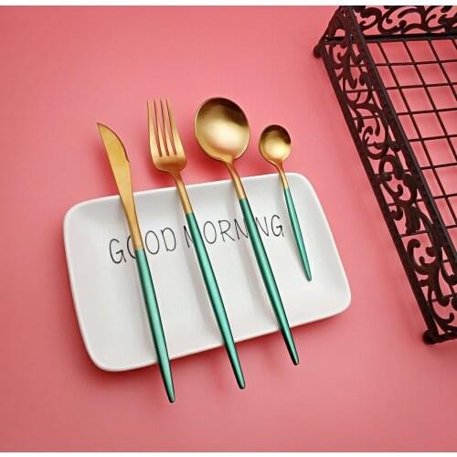 Hot Sale 4 pcs Green Gold Portuguese Dinnerware Stainless steel Knife Fork Spoon Cutlery Kitchen Food Tableware Flatware Set
