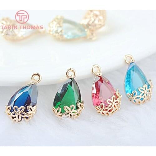 10PCS 10x16MM 24K Champagne Gold Color Brass and Glass with Flower Drop Shape Charms Pendants Diy Jewelry Findings Accessories