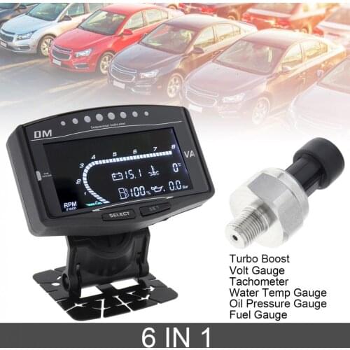 6 In 1 Universal Car Digital LCD Gauge Oil Pressure Gauge+Voltmeter+Water Temperature Gauge+Fuel Gauge+Tachometer+Turbo Boost