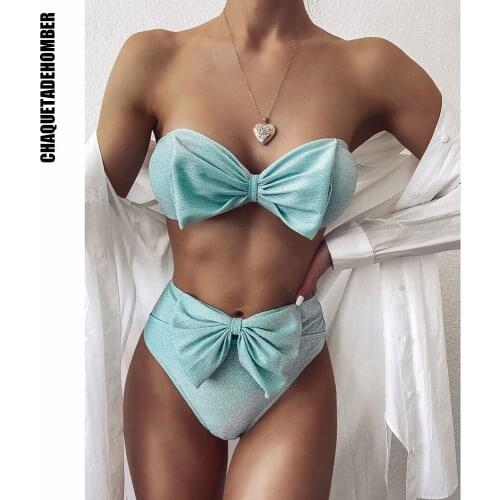 High Waist Bikinis Swimwear 2021 Shiny Bow-knot Push-Up Women Swimming Suit Two Pieces Sexy Bathing Suit Beachsuit Swimsuit