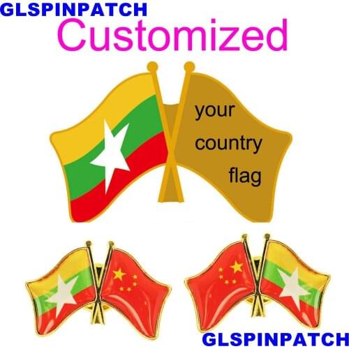 Myanmar Crossed Friendship Flag Double Country lapel pin Brooch USA UK France Chile Russia Saudi Arabia Japan Spain Badge