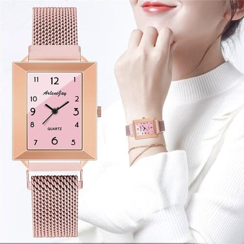 Fashion Women Simple Rectangle Watch Magnet Clasp Stainless Mesh Band Quartz Wristwatches Clock Zegarek Damski