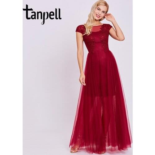 Tanpell appliques long evening dress burgundy short sleeves floor length a line gown cheap women scoop prom formal evening dress