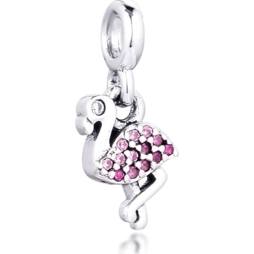 Fandola 925 Sterling Silver My Pink Flamingo Dangle Charms Fits Original Me Bracelet Small Hole Beads for Jewelry Making Bijoux