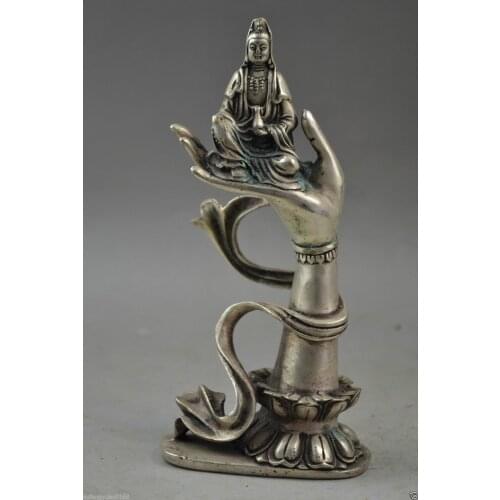 Chinese Handwork Miao Silver Carving Huddha Hand Hold Kuan-Yin Stat Garden Decoration 100% real Brass Bronze