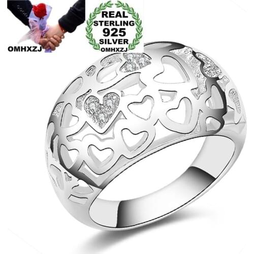 OMHXZJ Wholesale Personality Fashion OL Woman Girl Party Wedding Gift Heart Luxury AAA Zircon 925 Sterling Silver Ring RN185