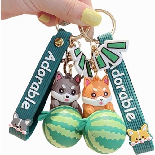 Creative Animal Fruit Keychain PVC Cartoon Puppy Holding Watermelon Avocado Doll Pendant Mobile Phone Backpack Accessories Gift