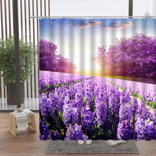 Lavender Tulips Rose Shower Curtain Violet Flower Sea Pastoral Blue Sky Sunshine Sunset Mountain Water Bathroom Waterproof Decor