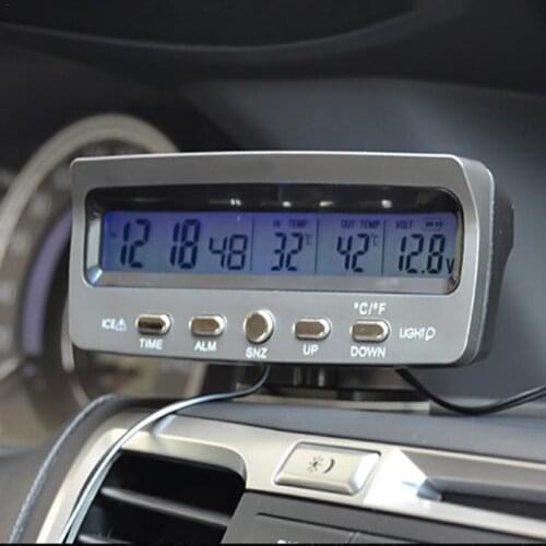 3-in-1 Multifunctional Car Clock Indoor Outdoor Thermometer Voltmeter ABS Material Clock with LCD Display LED Backlit