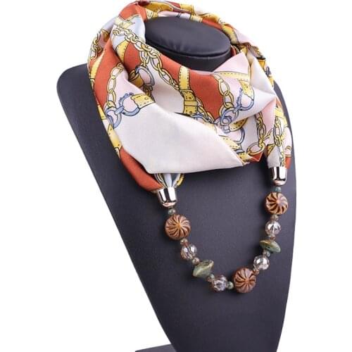 Fashion Chain Print Chiffon Necklace Scarves For Women Jewelry necklace Ceramic Crystal Scarf Necklace Pendant Female Echarpe