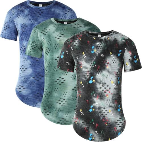 Mens Hipster Hip Hop Ripped Round Hemline Hole T-Shirt Cotton Crewneck Tees Tops Funko Pop Streetwear T-shirt