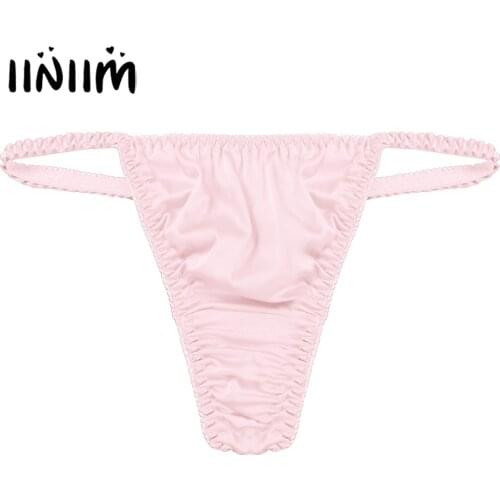 Sissy Male Gay Underwear Men Low Waist Satin Thongs Frilly Elastic Waistband G-string Sexy Lingerie Underpants Breathable Briefs