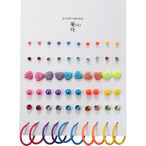 Womens Earrings Set Korean Trendy Geometric Stud Earrings for Women Cute Candy Crystal Heart Earring Sets 2021 Trend Jewelry