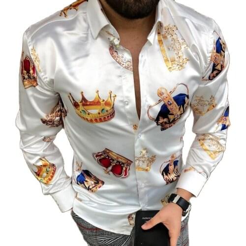New Fashion Crown Print Shirt Mens Casual Long Sleeve Shirt Slim Fit Shirt Hawaiian Male Turn-down Collar Clothing