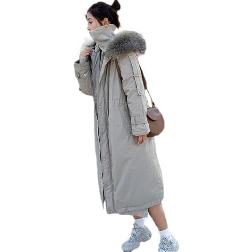 2019 Winter New Parka Coat Warming Big Fur Collar Hooded Jacket Long Thick Loose Long Sleeve Down Cotton Jacket Women LJJ0012