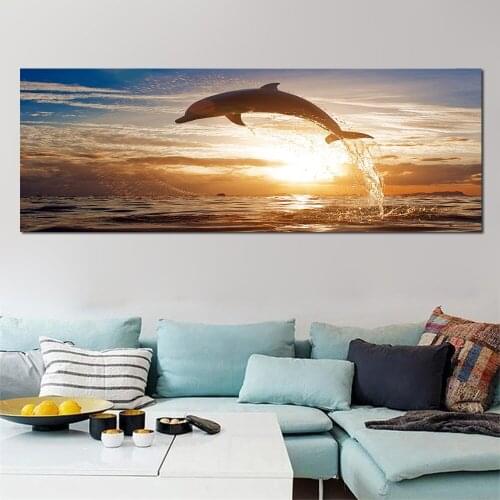 Sea Sunrise Landscape Printed Fly Dolphin Poster Canvas Painting Wall Art Picture for Living Room Modern Home Decor Frameless