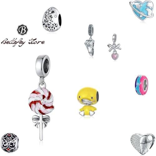 Bellafay Customed Real 925 Silver Beads Lollipop Pendant Sneakers Charm Fits Original Bracelet Bangles Girls DIY Jewelry Gifts