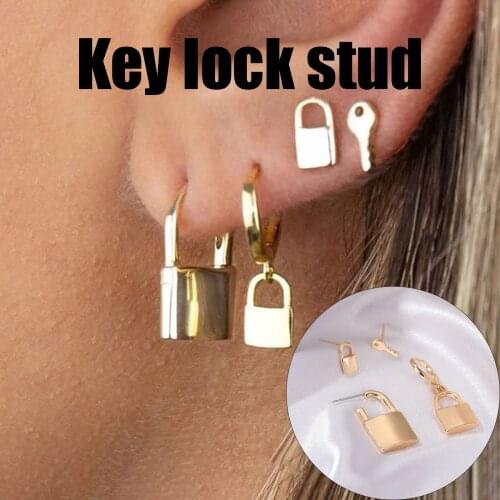 Geometric Retro Punk Style Personality Kit Key Lock Earrings Pendant Lock Good Love Jewelry Vintage Unusual Fashion Earrings