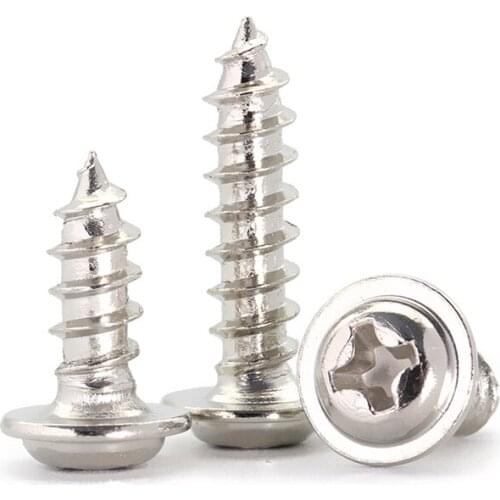 100Pcs PWA Nickel Plated Cross Round Head Self Tapping Screw With Pad M1.2-M4 Pan Head Tapping Screws With Washer