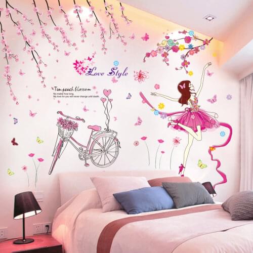 [SHIJUEHEZI] Cartoon Girl Dancer Wall Stickers DIY Flowers Bike Wall Decals for Kids Rooms Baby Bedroom Home Decoration