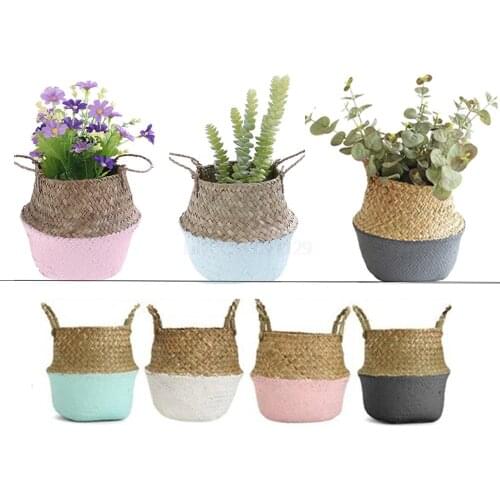 New Bamboo Storage Baskets Foldable Laundry Straw Patchwork Wicker Rattan Seagrass Belly Garden Flower Pot Planter Basket 1pc