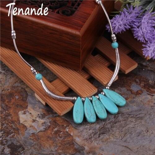 Tenande Bohemian Tribal Jewelry Turkish Silver Color Natural Stone Water Droplets Tassel Necklaces & Pendants for Women Bijoux