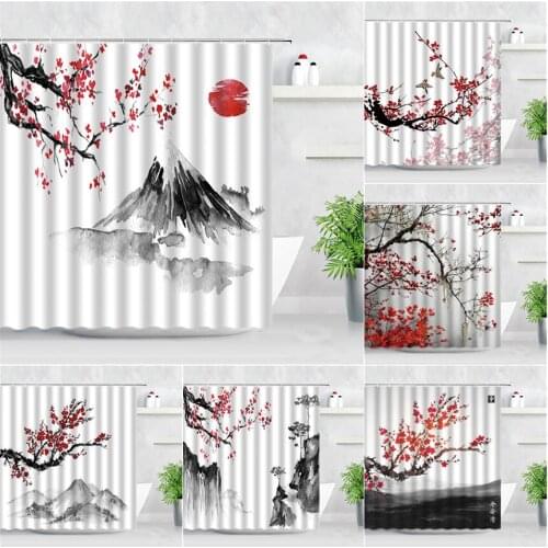 Waterproof Bathroom Shower Curtains 3D Plum Blossom Mountain Chinese Style Ink Painting Landscape Fabric Home Decor Bath Curtain